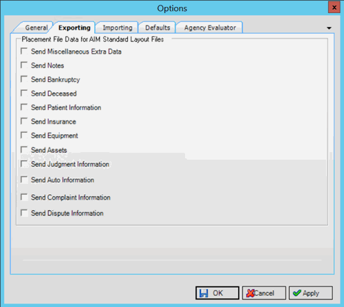 Options window - Exporting tab