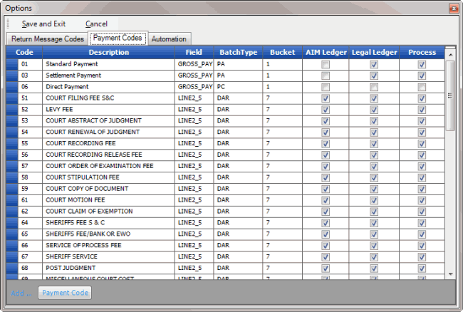 Options window - Payment Codes tab