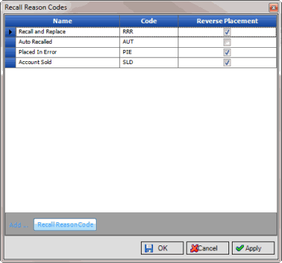 Recall Reason Codes window