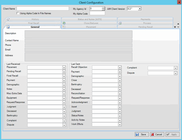 Client Configuration window Client Configuration window