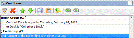 Query Designer Report Form window - Conditions pane - simple grouping