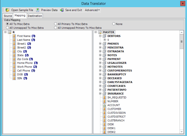 Data Translator window - Mapping tab