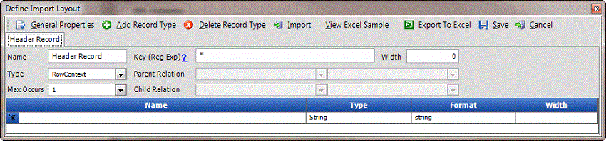 Define Import Layout window - add record