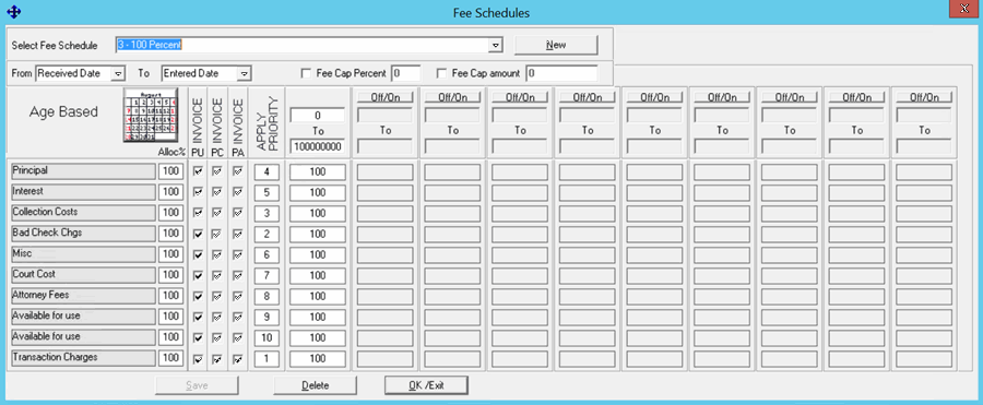 Fee Schedules window - Age Based Fee Schedules window - Age Based