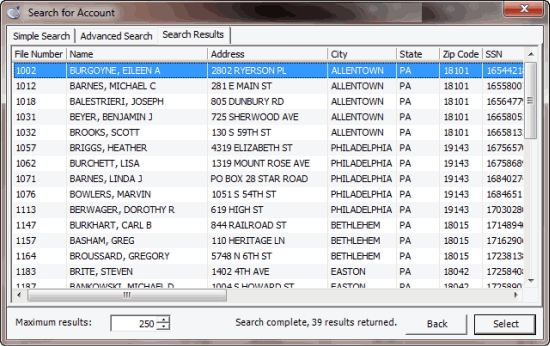 Latitude Search - Search for Account window - Search Results tab Latitude Search - Search for Account window - Search Results tab