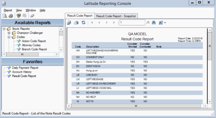 Reporting Console window - Report tab