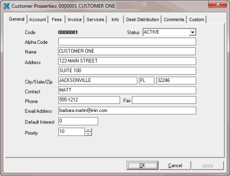 Customer Properties window Customer Properties window