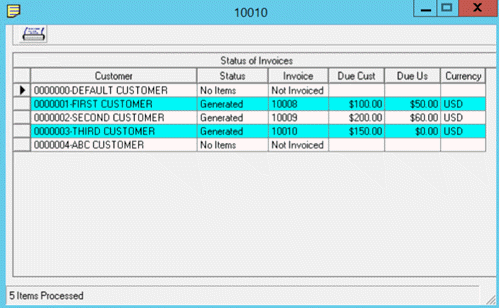 Status of Invoices window Status of Invoices window