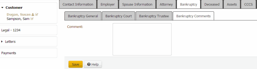 Bankruptcy panel - Bankruptcy Comments tab