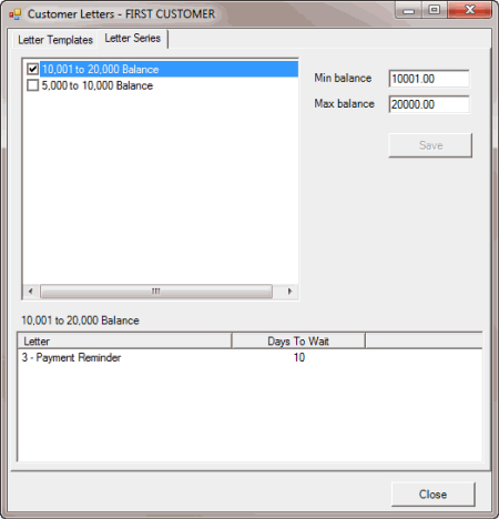 Customer Letters dialog box - Letter Series tab