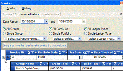 Invoices window - Invoice History tab