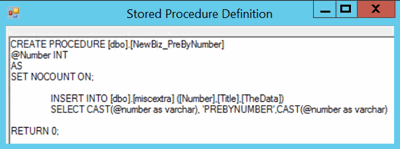 Stored Procedure Definition window Stored Procedure Definition window