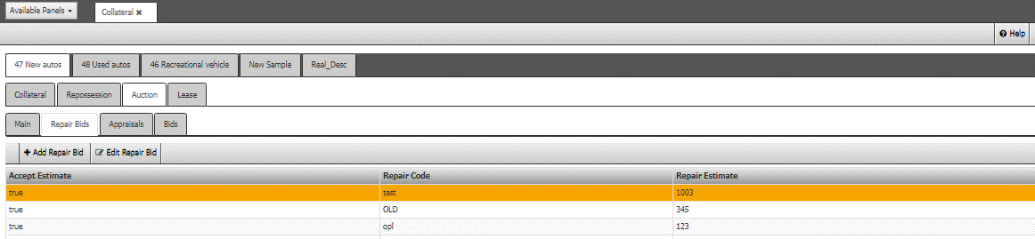 Automotive panel - Auction tab - Repair Bids tab