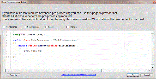 Code Pre-Processing Dialog box