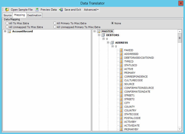 Data Translator window - Mapping tab