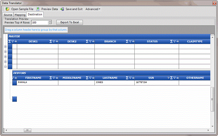 Data Translator window - Destination tab