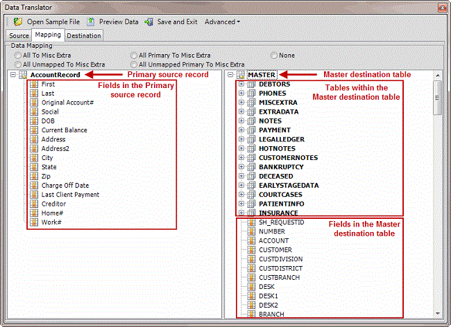 Data Translator window - Mapping tab