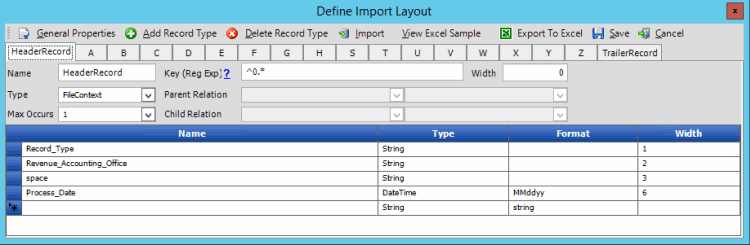 Define Import Layout window