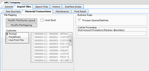 Import Files tab - Financial Transactions tab