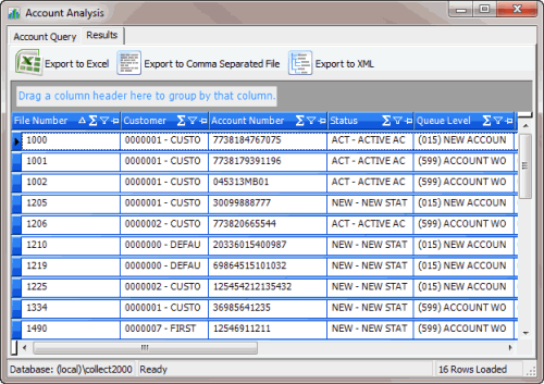 Account Analysis window - Results tab