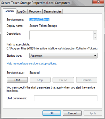 Secure Token Storage Properties dialog box
