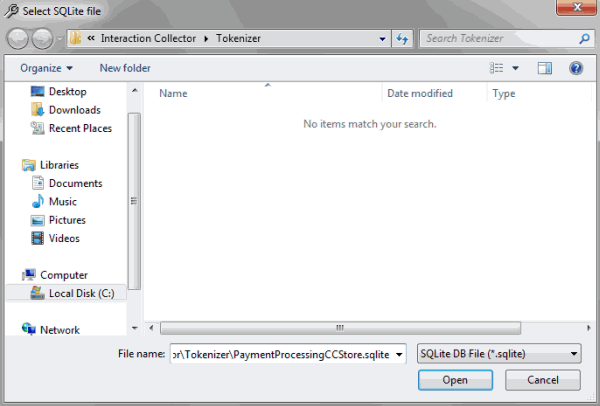Select SQLite file dialog box