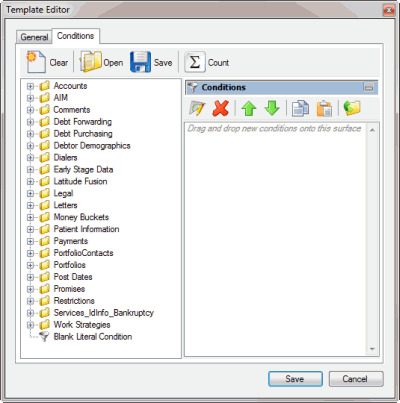 Template Editor dialog box - Conditions tab Template Editor dialog box - Conditions tab