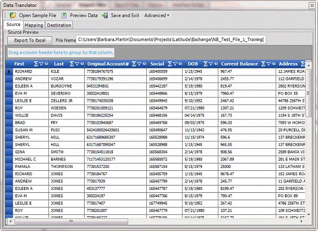 Data Translator window - Source tab