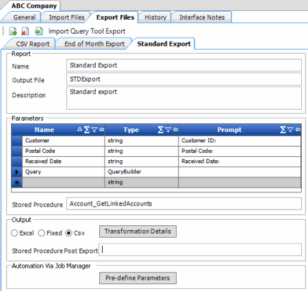 Export Files tab - stored procedure