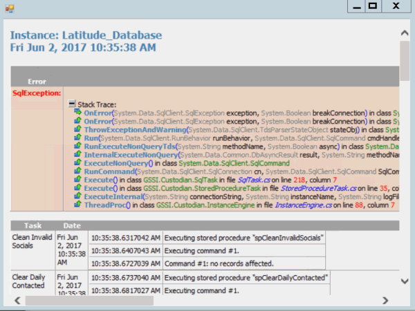 View Logs tab - stack trace