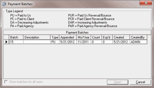 Payment Batches dialog box