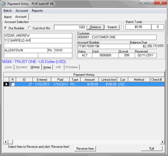 Payment Entry window - Account tab - History tab