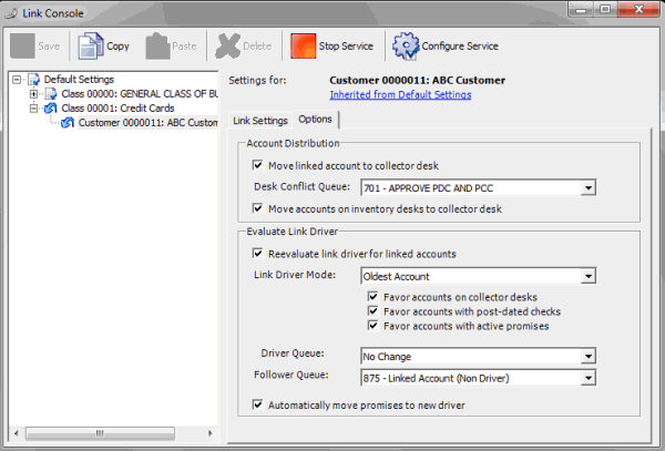 Llink Console window - Options tab