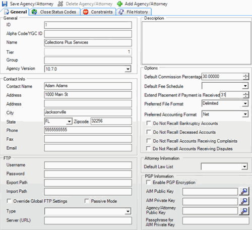 Agencies/Attorneys pane - General tab