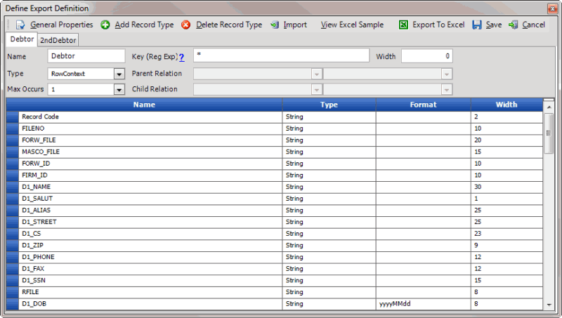 Define Export Definition window