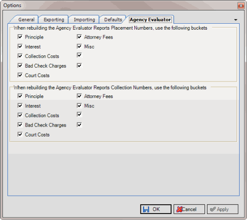 Options window - Agency Evaluator tab