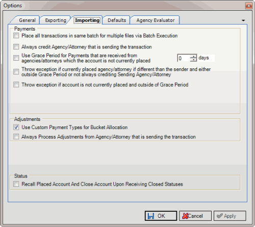 Options window - Importing tab