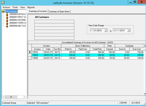 Invoices window - Summary of Invoices tab