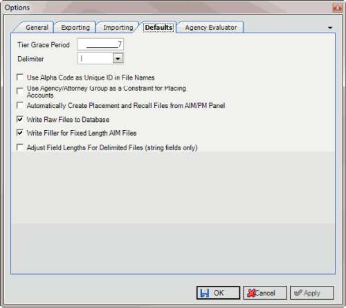 Options window - Defaults tab Options window - Defaults tab