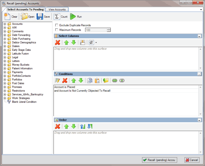 Recall (pending) Accounts window Recall (pending) Accounts window