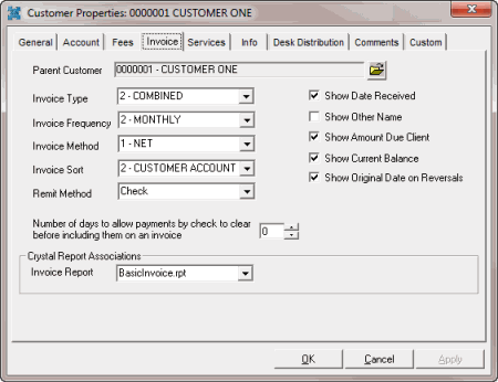 Customer Properties window - Invoice tab