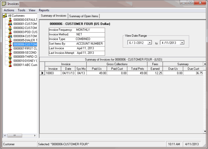 Invoices window - Summary of Invoices tab