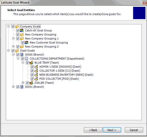 Goal Wizard - Select Goal Entities page