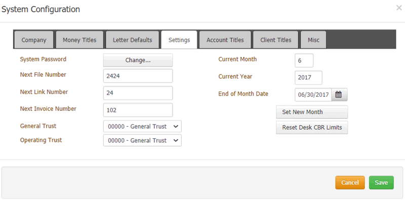 System Configuration dialog box - Settings tab