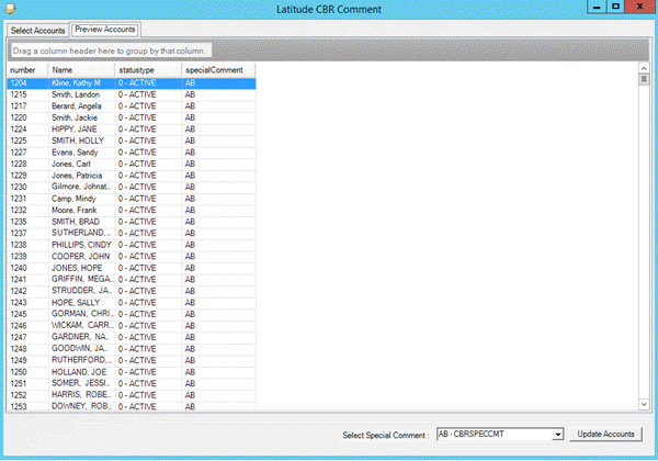 Latitude CBR Comment window - Preview Accounts tab