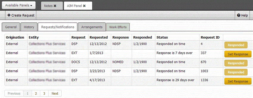 AIM panel - Requests/Notifications tab AIM panel - Requests/Notifications tab