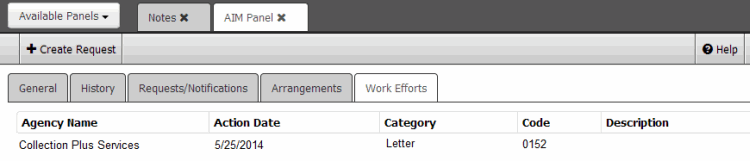 AIM panel - Work Efforts tab AIM panel - Work Efforts tab