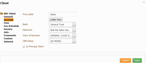 Client dialog box - Account tab Client dialog box - Account tab