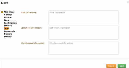 Client dialog box - Info tab Client dialog box - Info tab