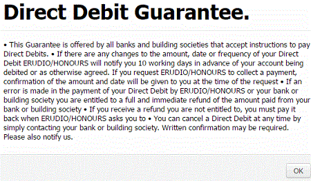 Direct Debit Guarantee dialog box Direct Debit Guarantee dialog box